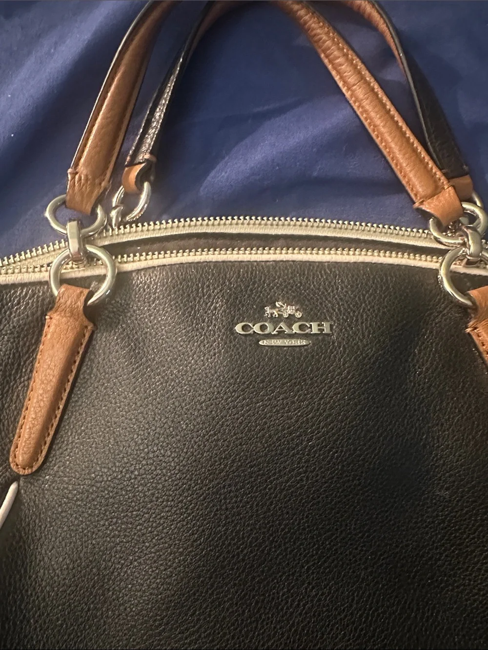 Coach Black Leather Hand Bag with Tan Handles and White Trim